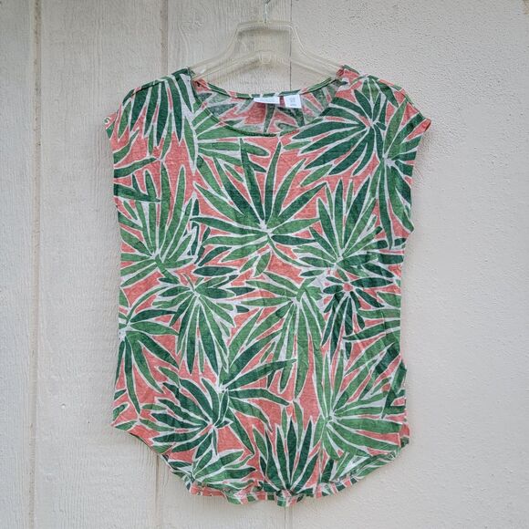 Sigrid Olsen Tops - Sigrid Olsen Round-Neck Linen Shirt Green Women's Med Palm Leaf Floral Print